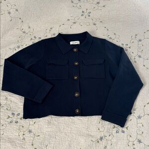 Cropped Navy Button-Up Sweater Cardigan Size L | Collared Knit Jacket Minimalist